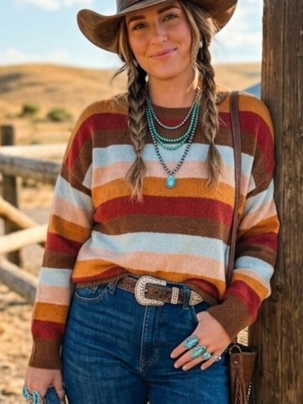 Double Zero Colorful Autumn Harvest Striped Relaxed Fit Crewneck Sweater Medium